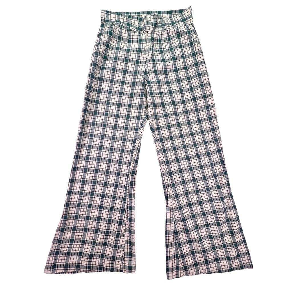 Vintage 70s Handmade Bell Bottom Pants Womens 32 Green Plaid High Rise Flares
